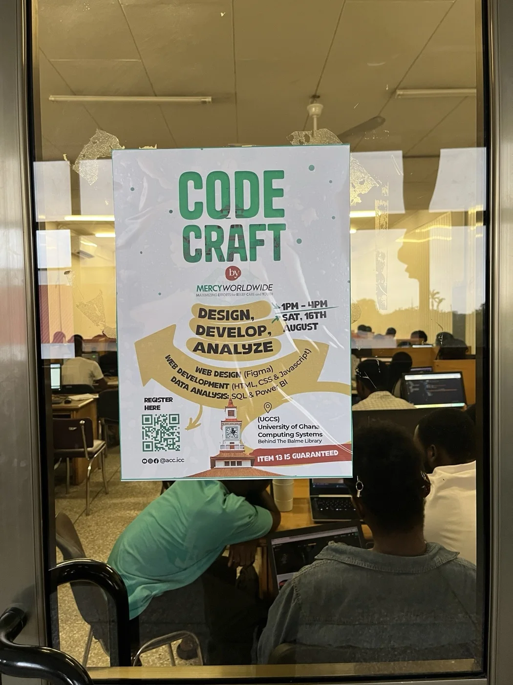 The Code Craft poster on the lab door listing the design, development and data analysis tracks.